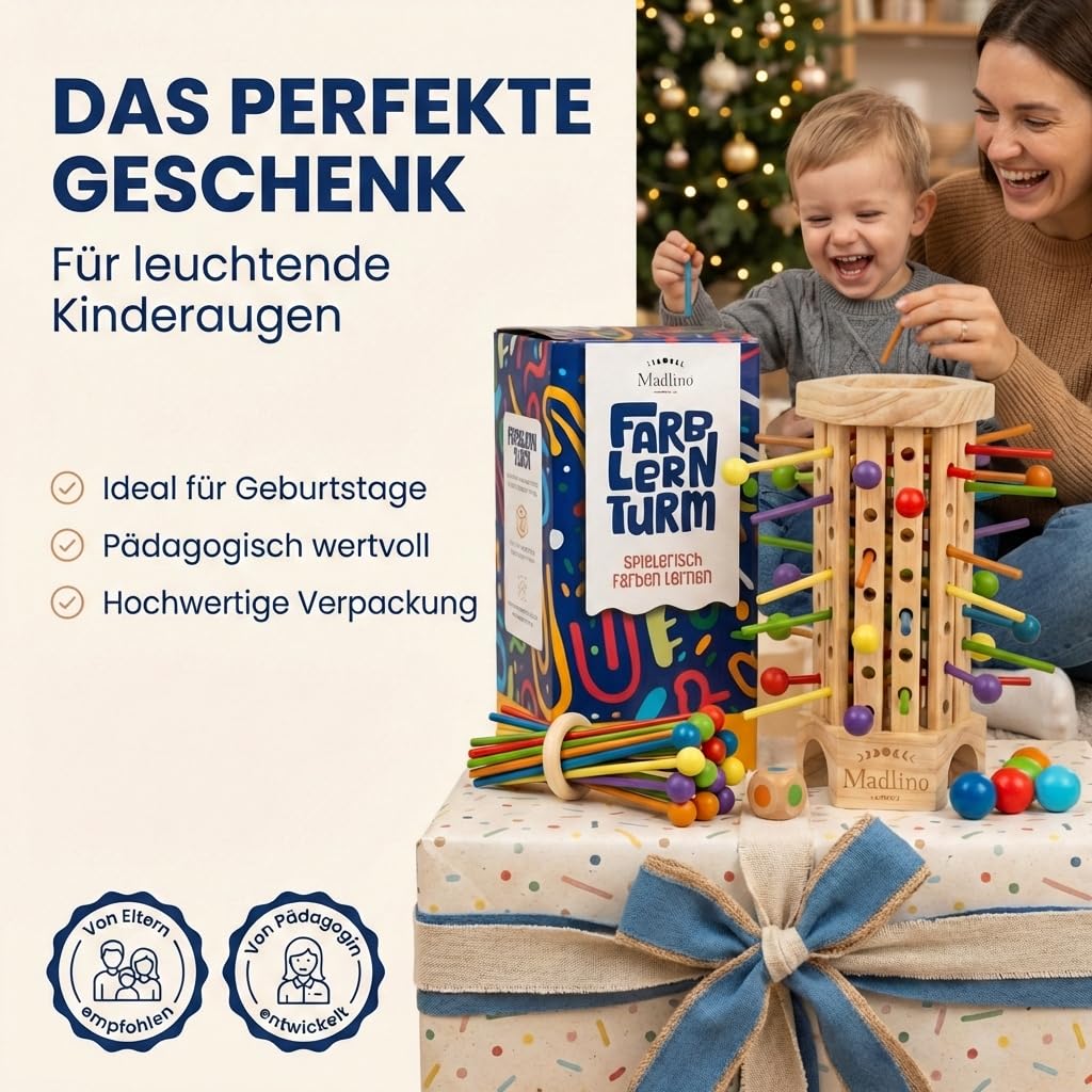 Madlino Farblern Turm Montessori Holzspielzeug, Motorik & Geschicklichkeit Spiel ab 3 Jahren, Farben lernen, pädagogisches Lernspiel für Kinder