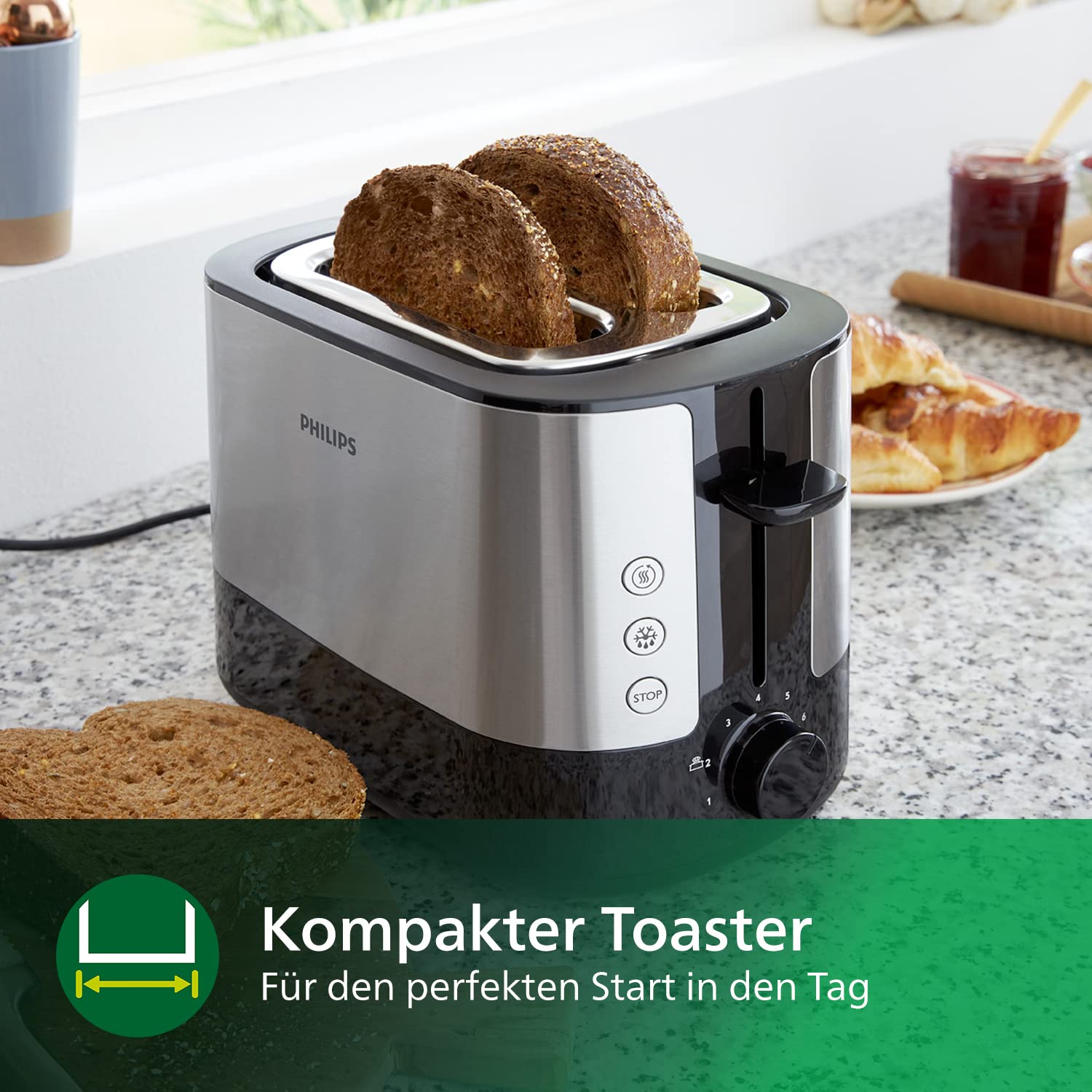 Philips Toaster – 2 Toastschlitze, 7 Stufen, Brötchenaufsatz, Auftaufunktion, Abschaltautomatik, Liftfunktion, schwarz (HD2637/90)