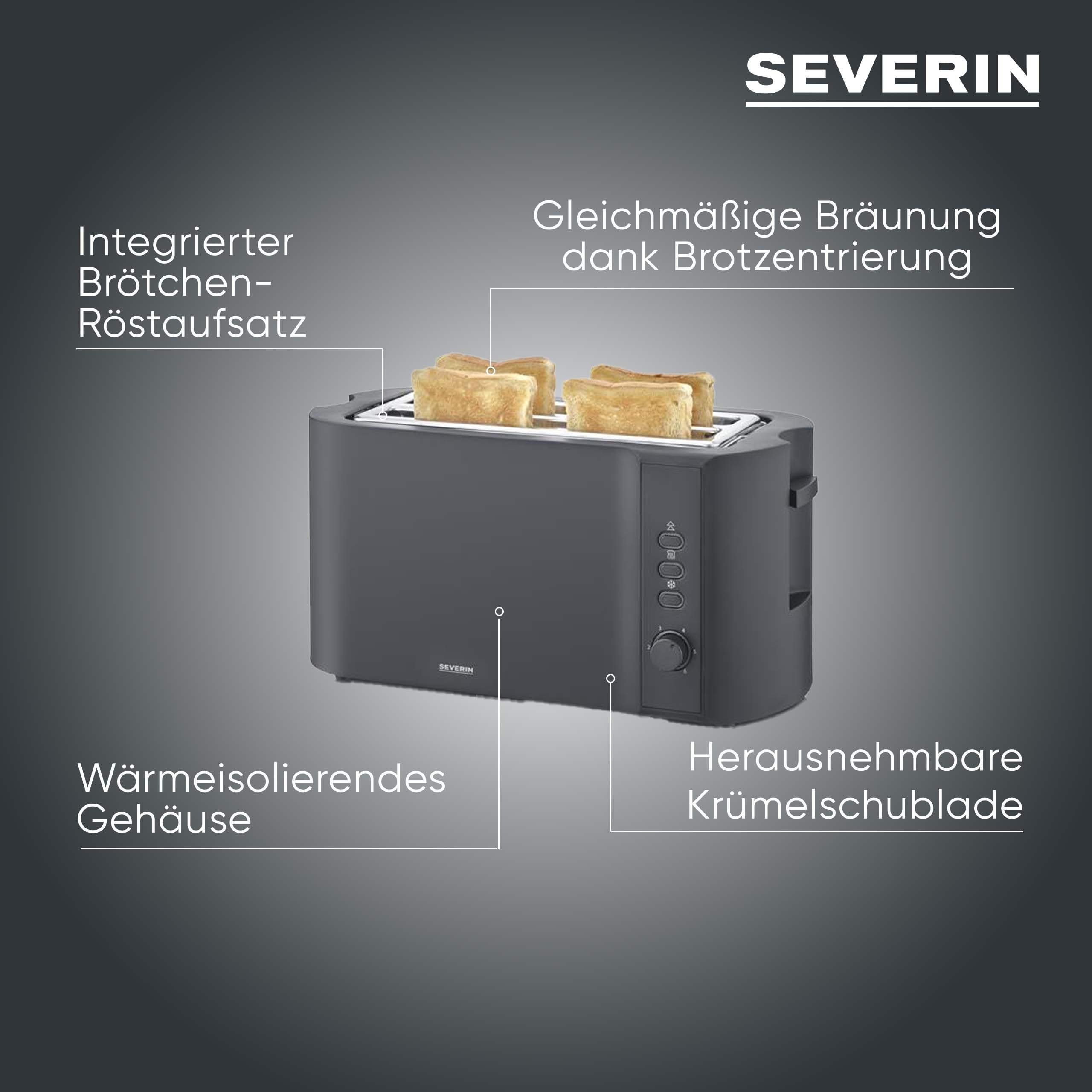 Severin Toaster Langschlitz, 4 Scheiben mit integrierten Brötchenaufsatz, 2 Langschlitz-Röstschachte, verschiedene Aufwärmstufen, 1.400 W, Schwarz Matt, AT 2591, Mattschwarz