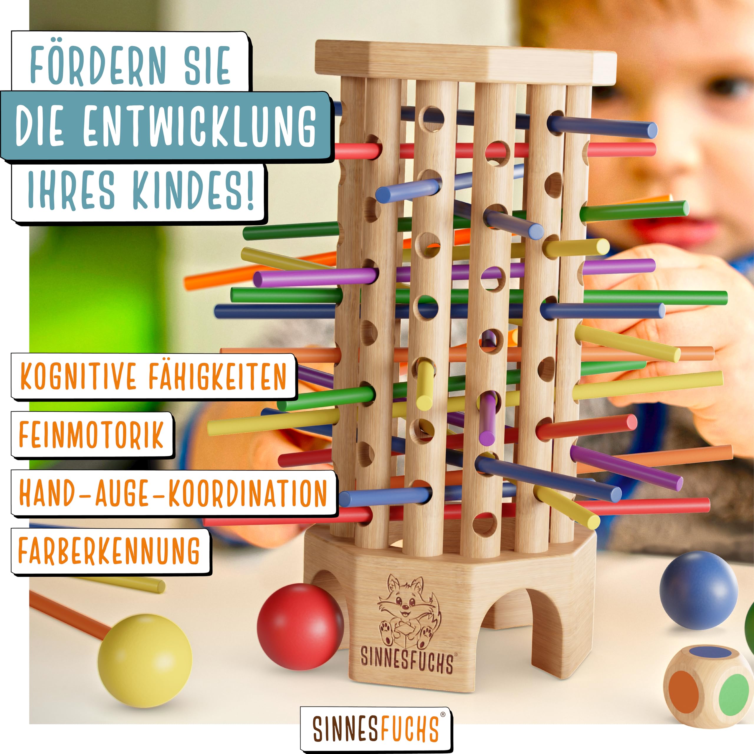 SINNESFUCHS Farblern Turm Montessori Holzspielzeug FSC 100%, Lernspiel ab 3 Jahren, Farben & Motorik fördern, pädagogisch wertvoll für Kinder