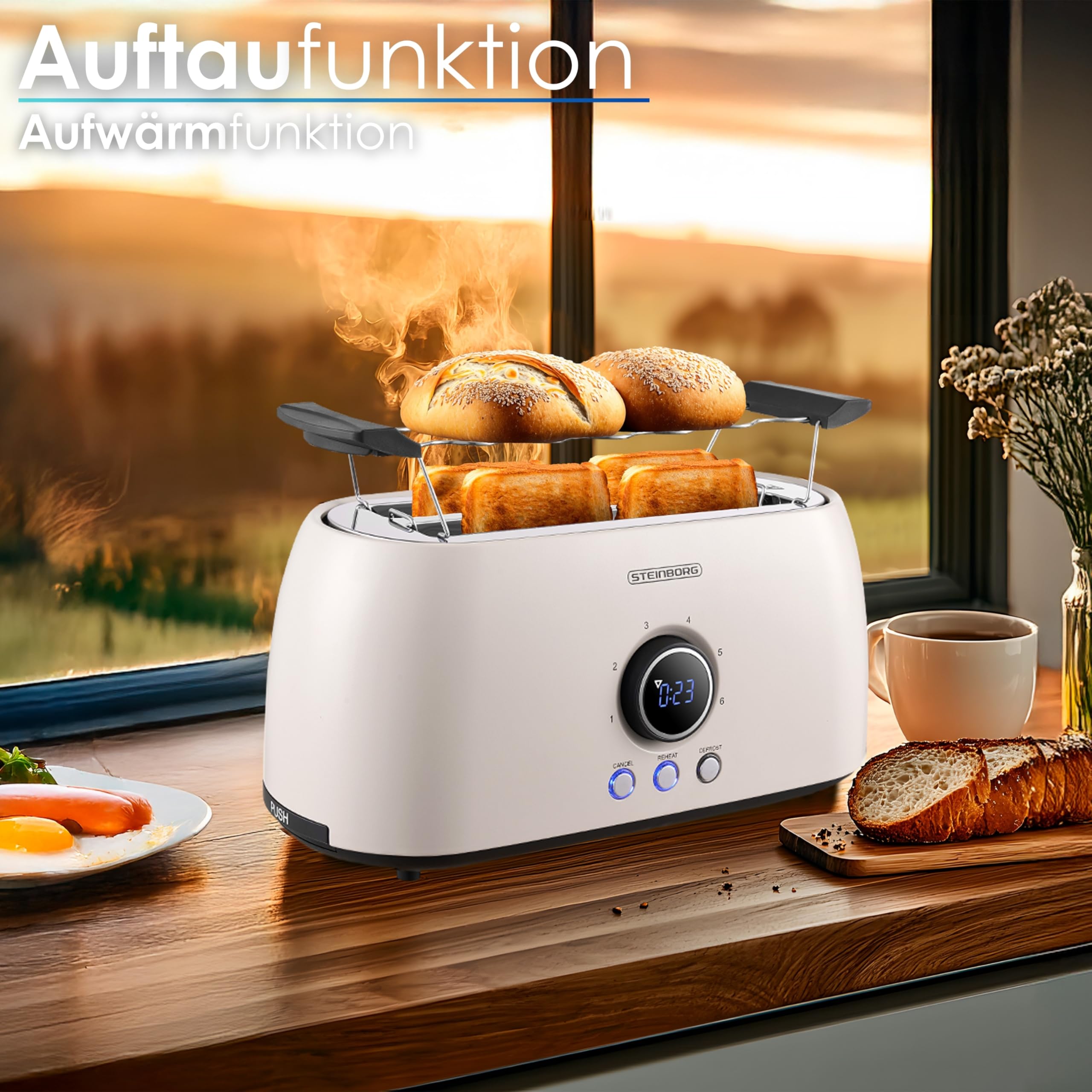 Steinborg Toaster 4 Scheiben mit Brötchenaufsatz Langschlitztoaster Toastautomat Automatische Abschaltung Doppelschlitztoaster Familientoaster Toastgerät LED Display mit Restzeitanzeige (Bulgur Beige)
