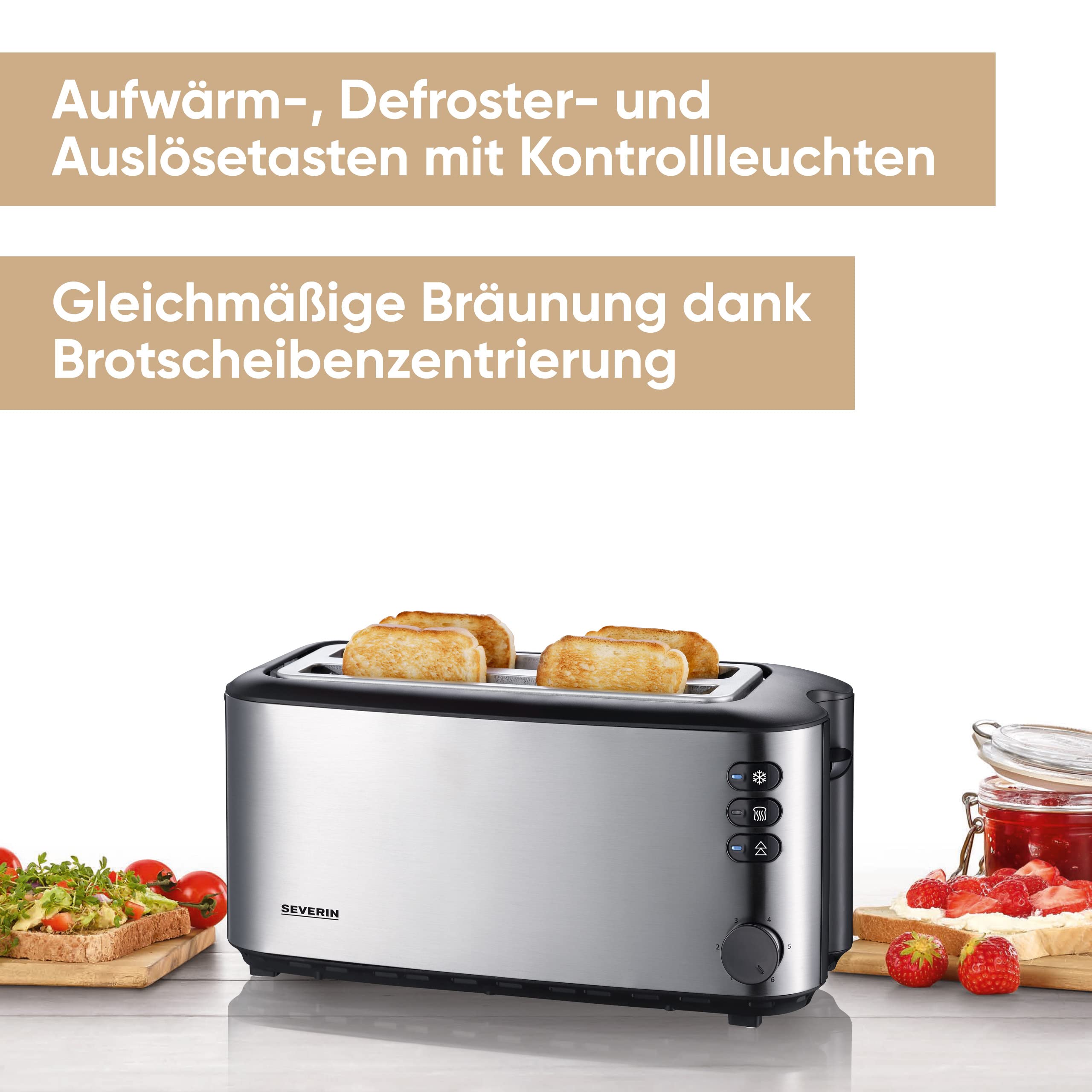 Severin Doppel-Langschlitztoaster mit eingebautem Brötchen-Aufsatz, für 4 Brotscheiben, Brotscheibenzentrierung, Aufwärm- und Defroster-Stufe, Edelstahl gebürstet, schwarz, 1.400 W, AT 2509