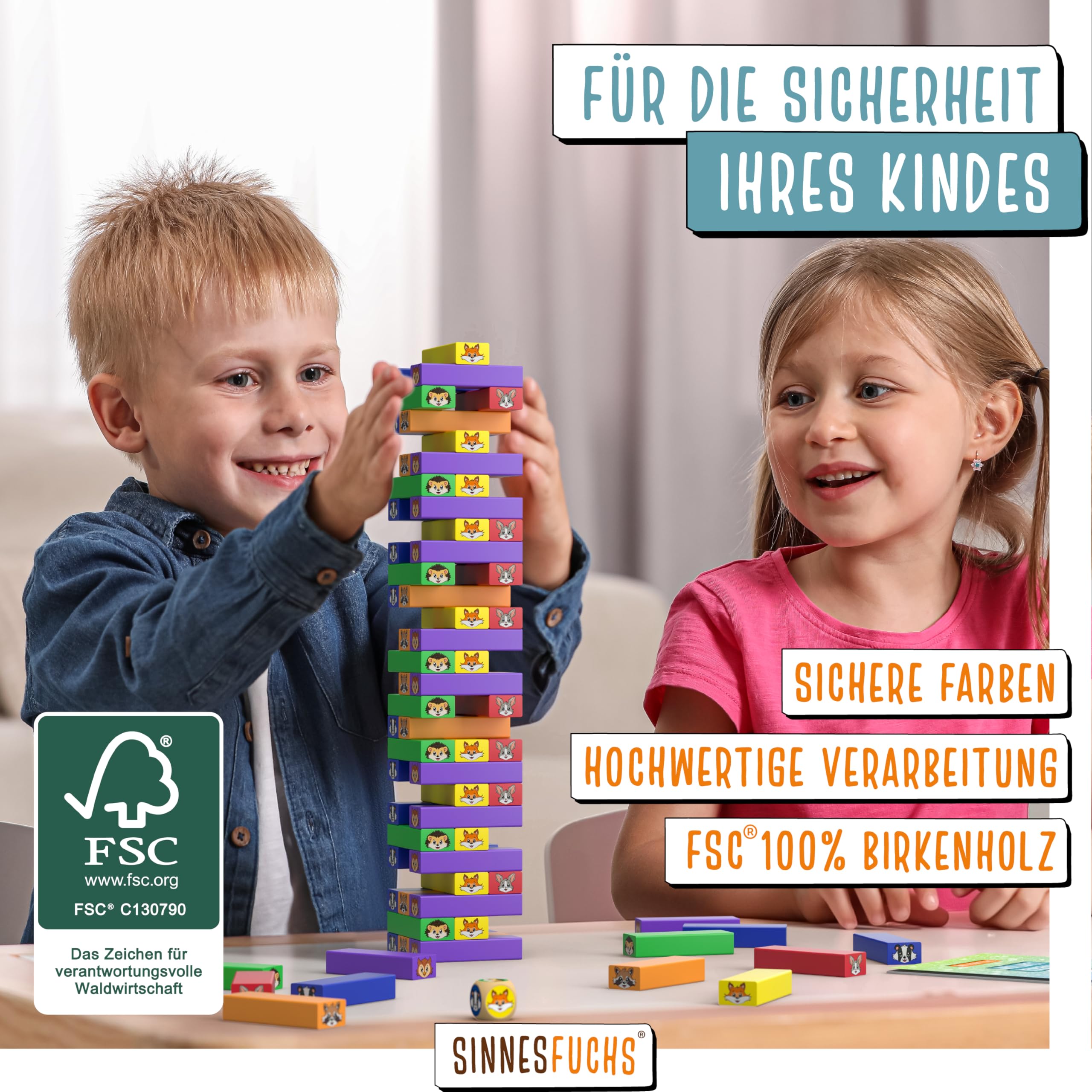 Wackelturm Holz FSC 100%, 7in1 Montessori Lernspielzeug ab 3 Jahren, Stapelspiel & Geschicklichkeitsspiel für Kinder, Geschenkidee Jungen & Mädchen