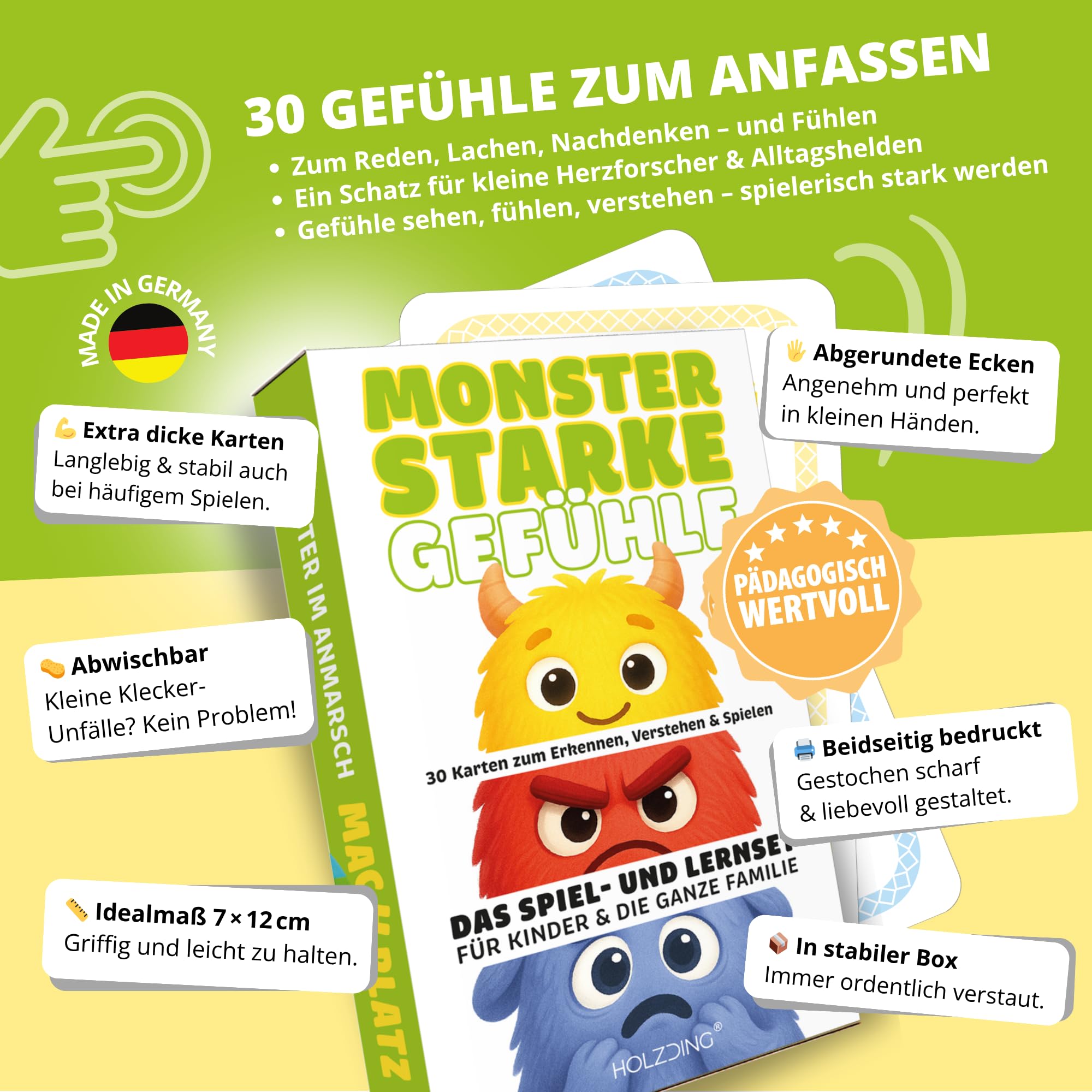 Gefühlsmonster Karten Set für Kinder, 30 emotionale Lernkarten ab 4 Jahren, Gefühle verstehen & ausdrücken, pädagogisches Spiel für Familie, Schule & Therapie