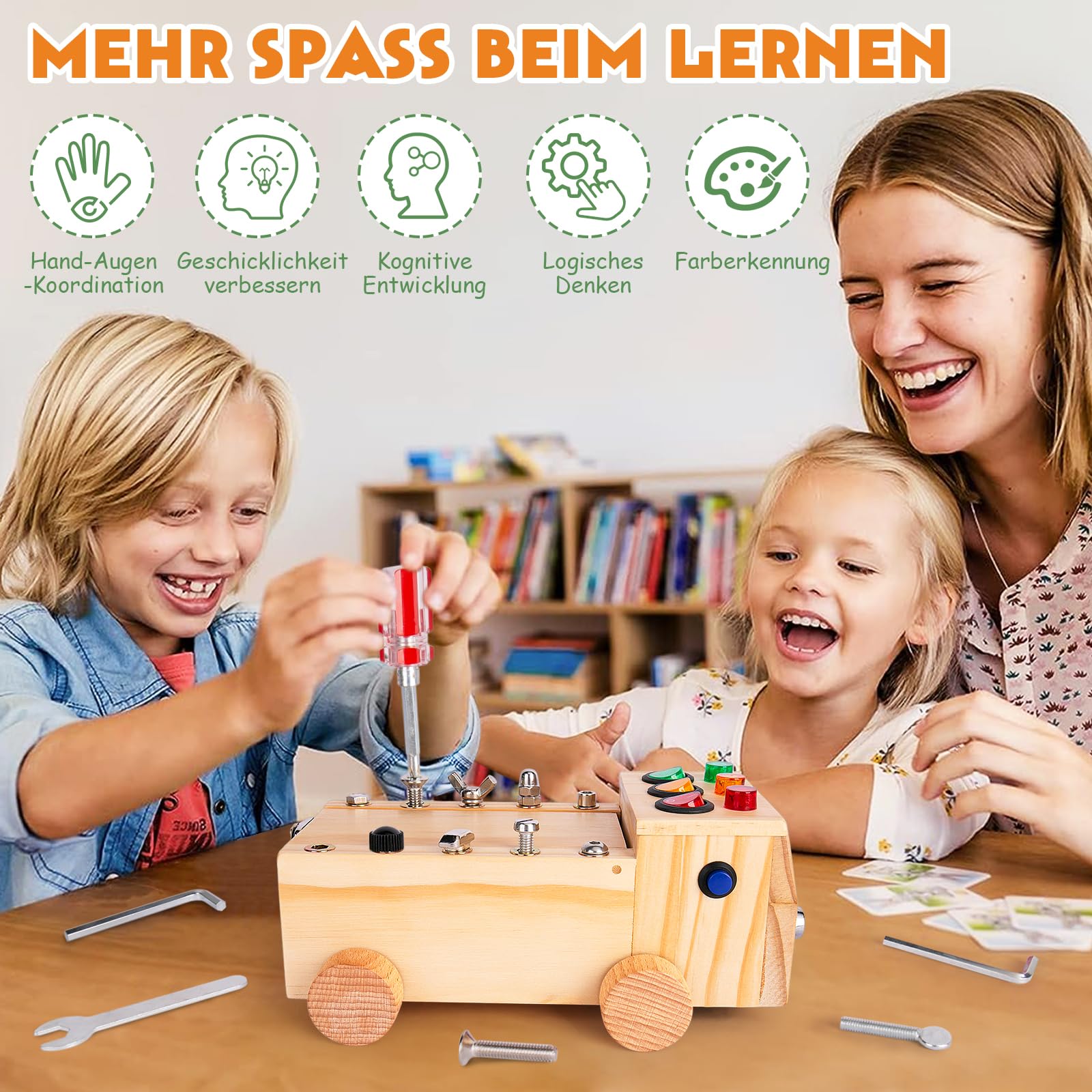 OAKJAR Montessori Schraubenbrett Holzspielzeug, Busy Board für Kinder 2–6 Jahre, Motorik Lernspielzeug mit Schrauben, pädagogisches Spiel für Jungen & Mädchen