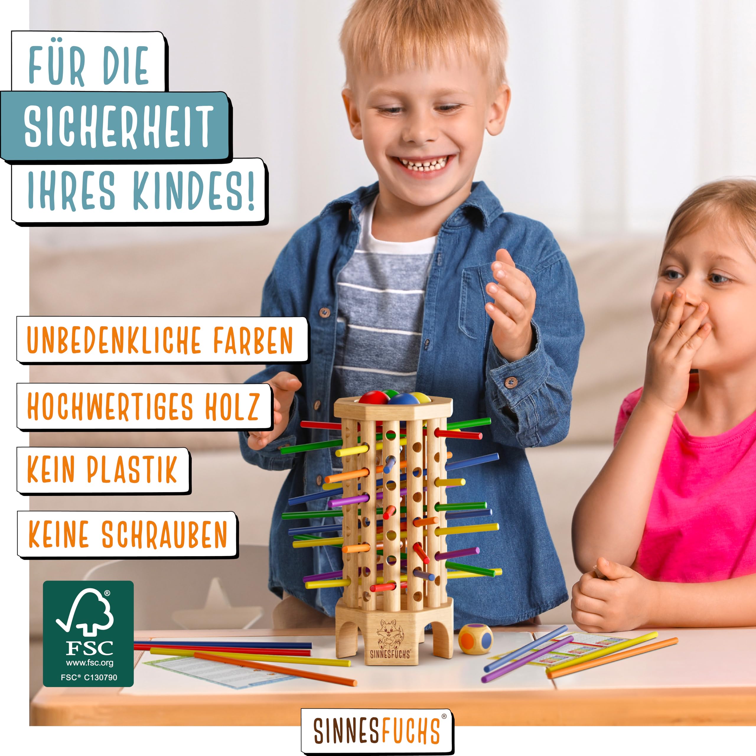 SINNESFUCHS Farblern Turm Montessori Holzspielzeug FSC 100%, Lernspiel ab 3 Jahren, Farben & Motorik fördern, pädagogisch wertvoll für Kinder