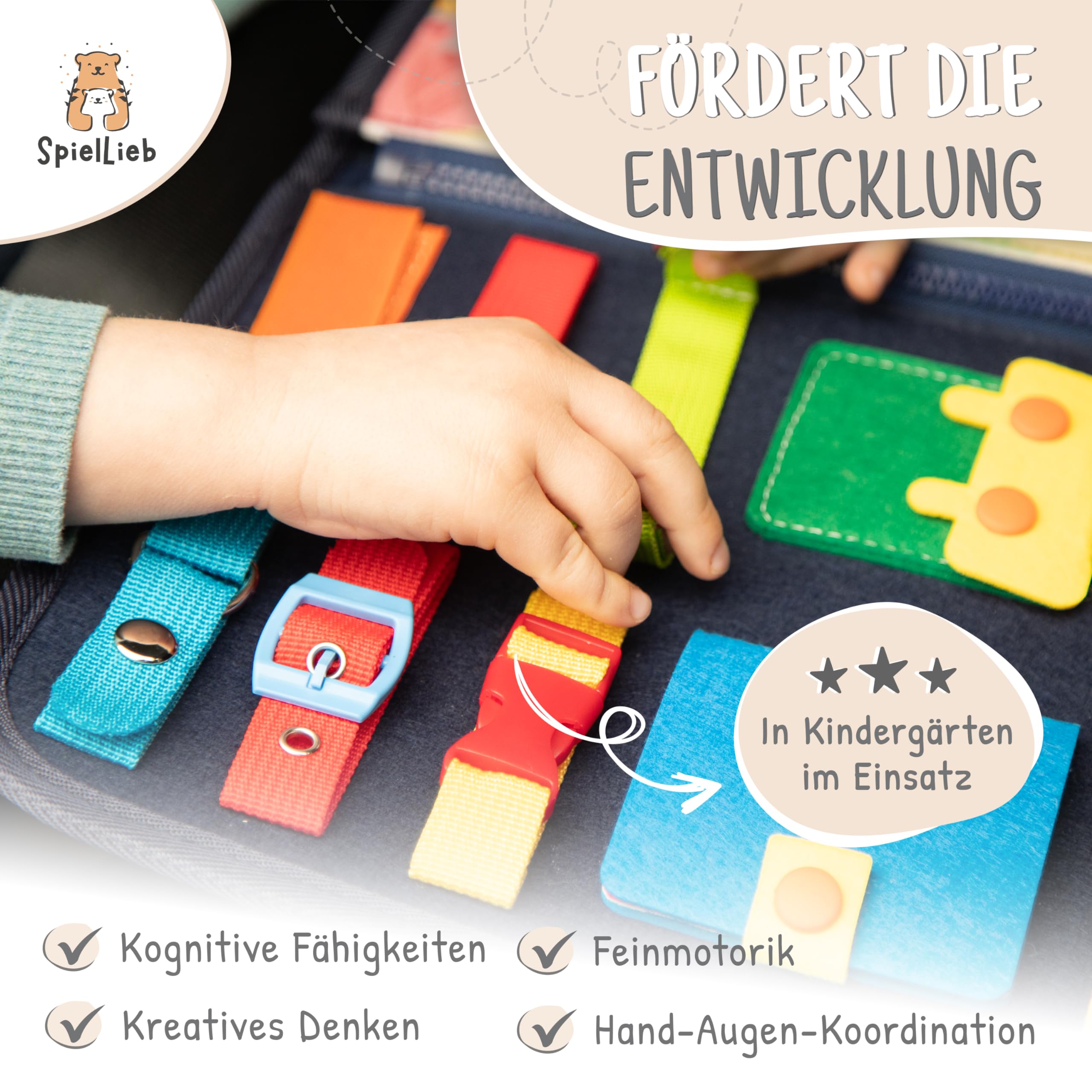 SpielLieb Montessori Busy Board ab 3 Jahren, interaktives Activity Board Spielzeug für Kleinkinder, Beschäftigung für Reisen, Förderung von Motorik & Entwicklung