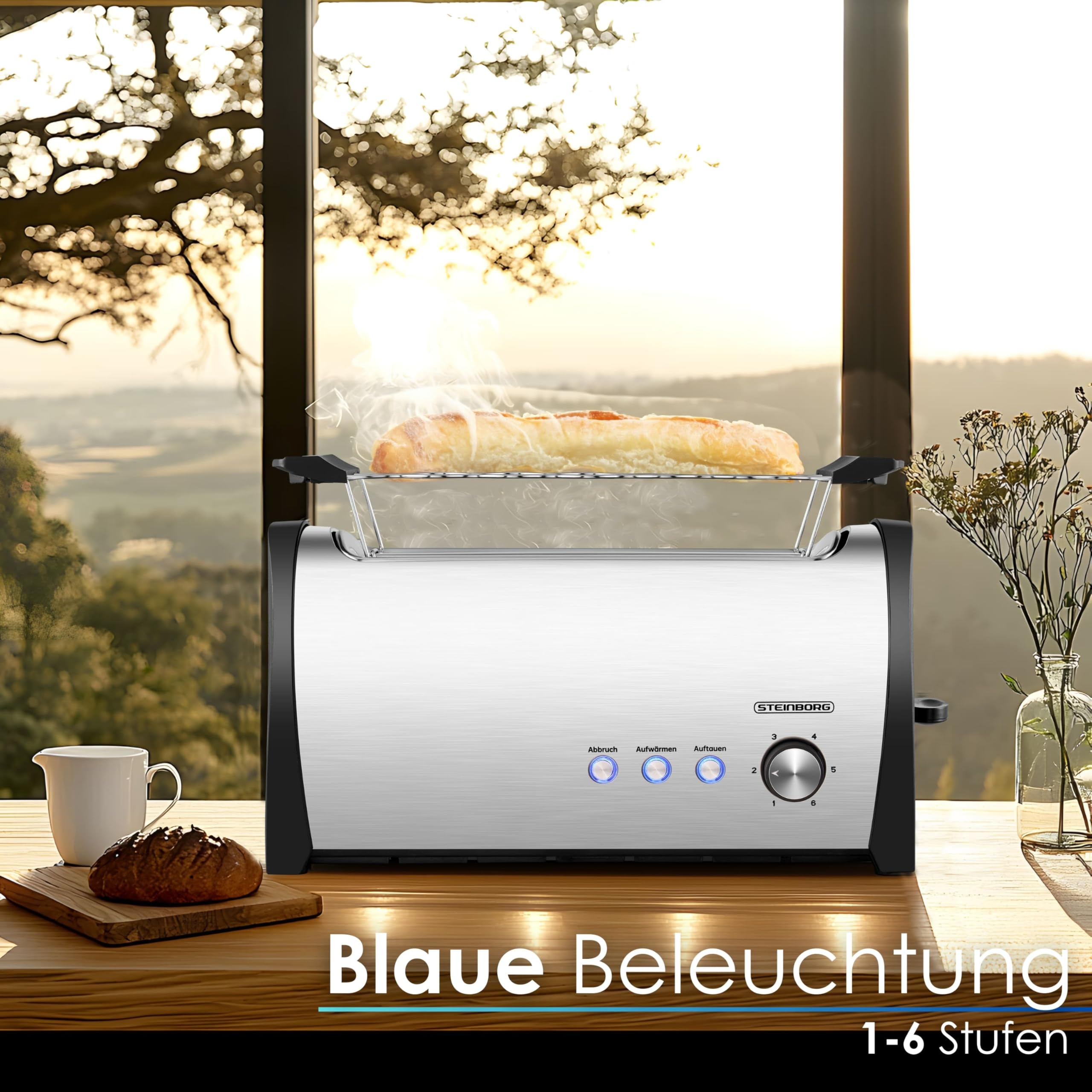 Steinborg Toaster 4 Scheiben mit Brötchenaufsatz XXL Langschlitztoaster Edelstahl Blaue LED Beleuchtung Toastautomat Automatische Abschaltung Doppelschlitztoaster Familientoaster Toastgerät