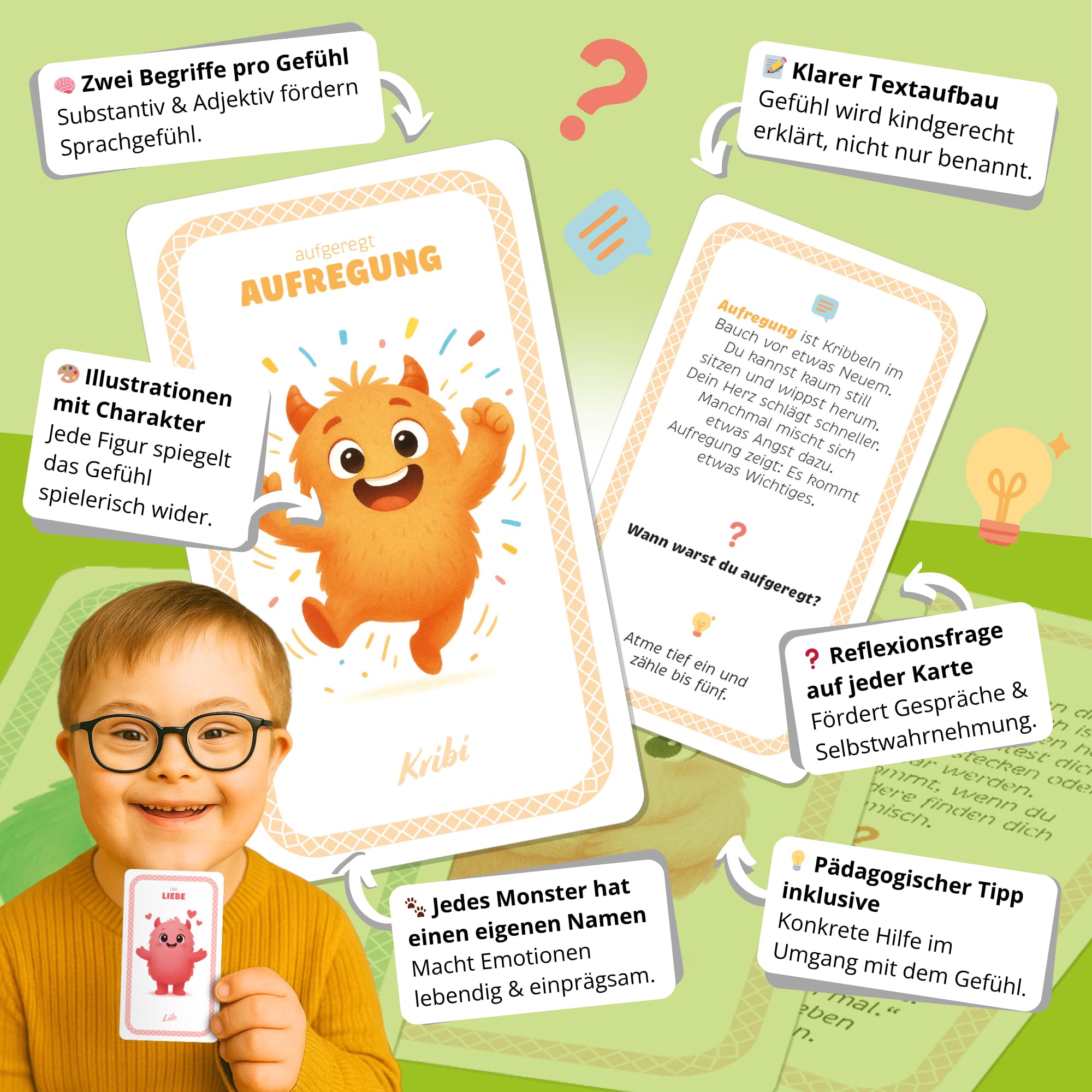 Gefühlsmonster Karten Set für Kinder, 30 emotionale Lernkarten ab 4 Jahren, Gefühle verstehen & ausdrücken, pädagogisches Spiel für Familie, Schule & Therapie