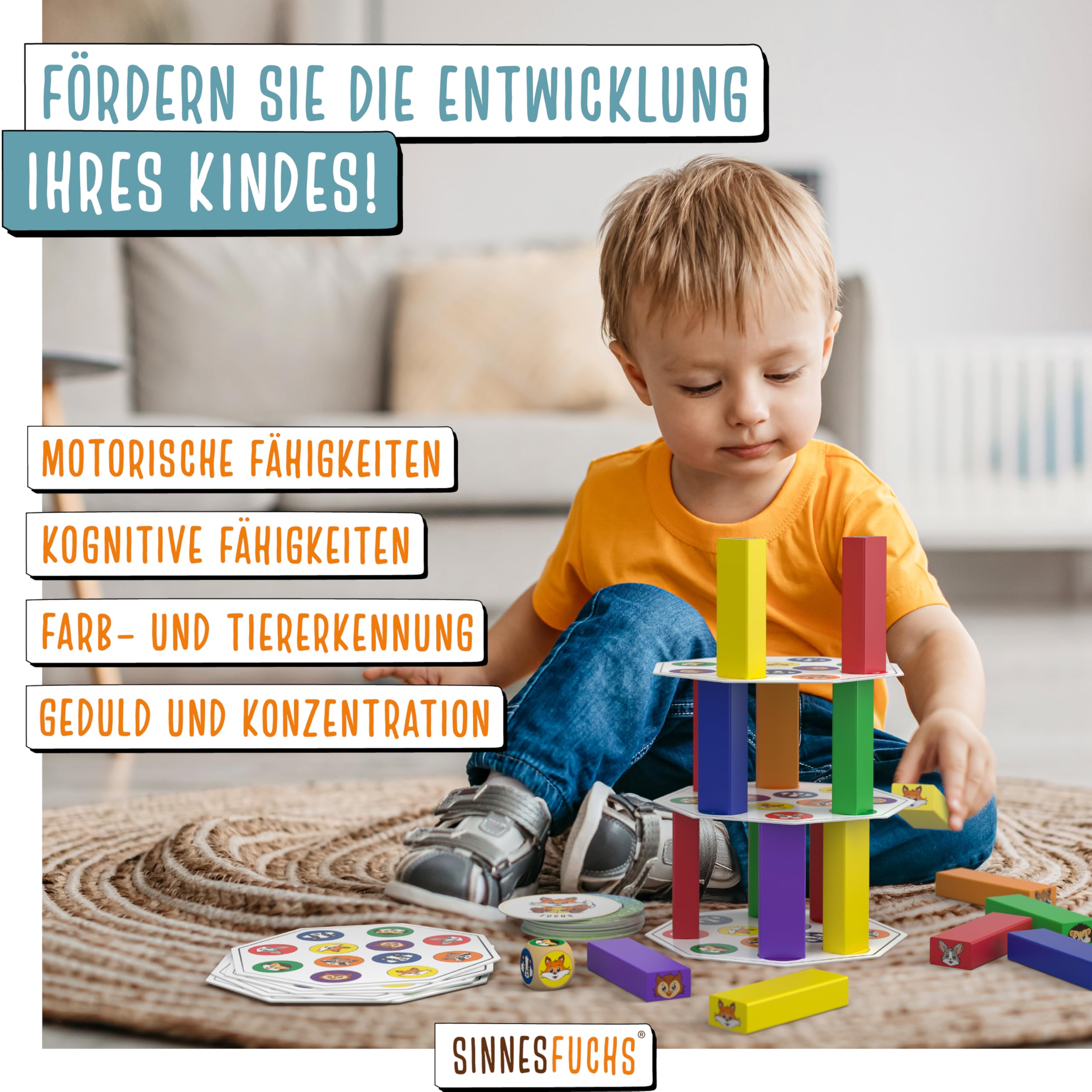 Wackelturm Holz FSC 100%, 7in1 Montessori Lernspielzeug ab 3 Jahren, Stapelspiel & Geschicklichkeitsspiel für Kinder, Geschenkidee Jungen & Mädchen
