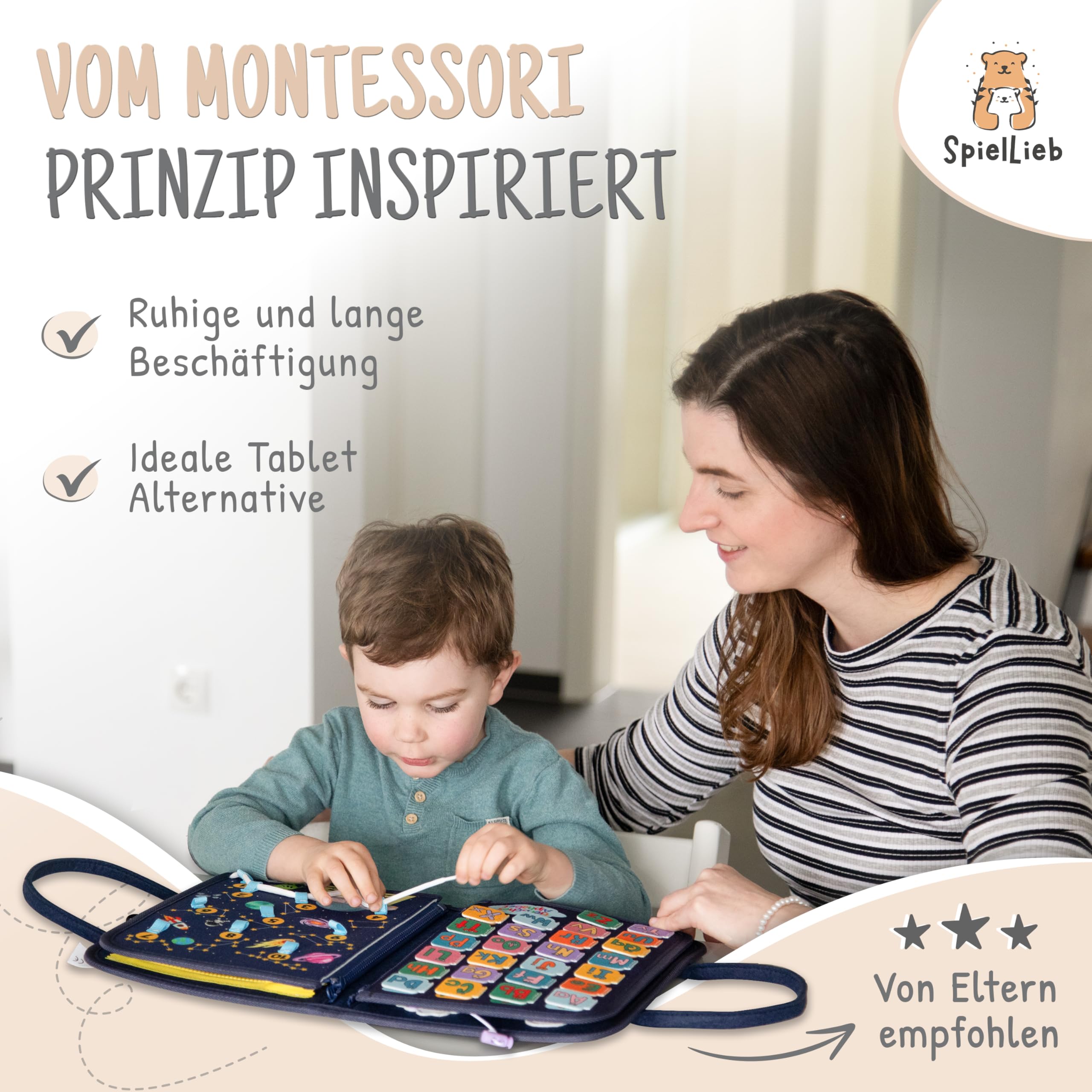 SpielLieb Montessori Busy Board ab 3 Jahren, interaktives Activity Board Spielzeug für Kleinkinder, Beschäftigung für Reisen, Förderung von Motorik & Entwicklung