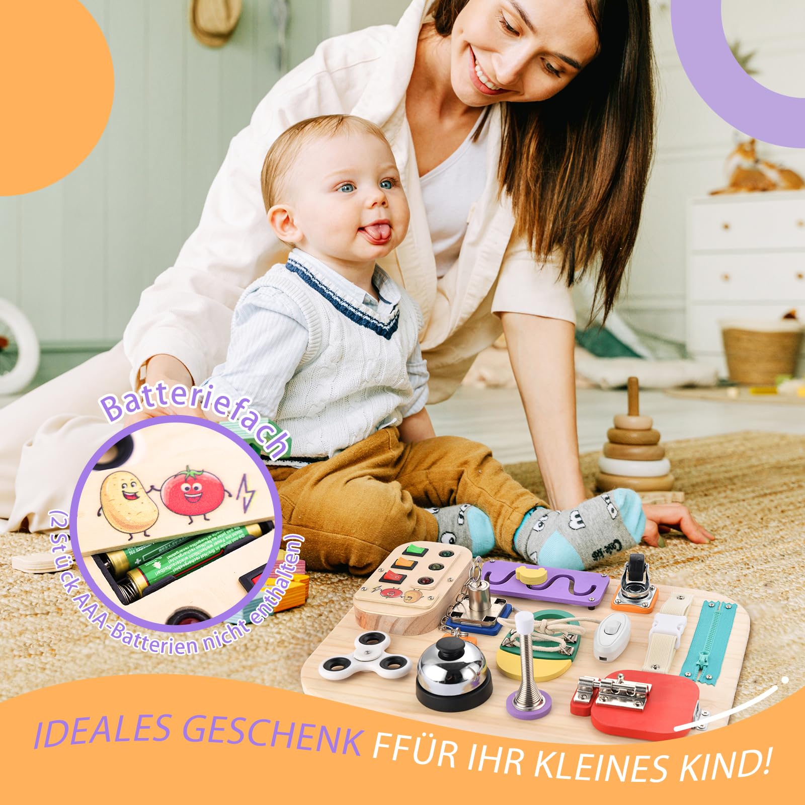 Potatomato Montessori Busy Board Holzspielzeug, Sensorik & Motorik Lernspielzeug für Kinder, Activity Board für Babys & Kleinkinder, pädagogisch wertvoll