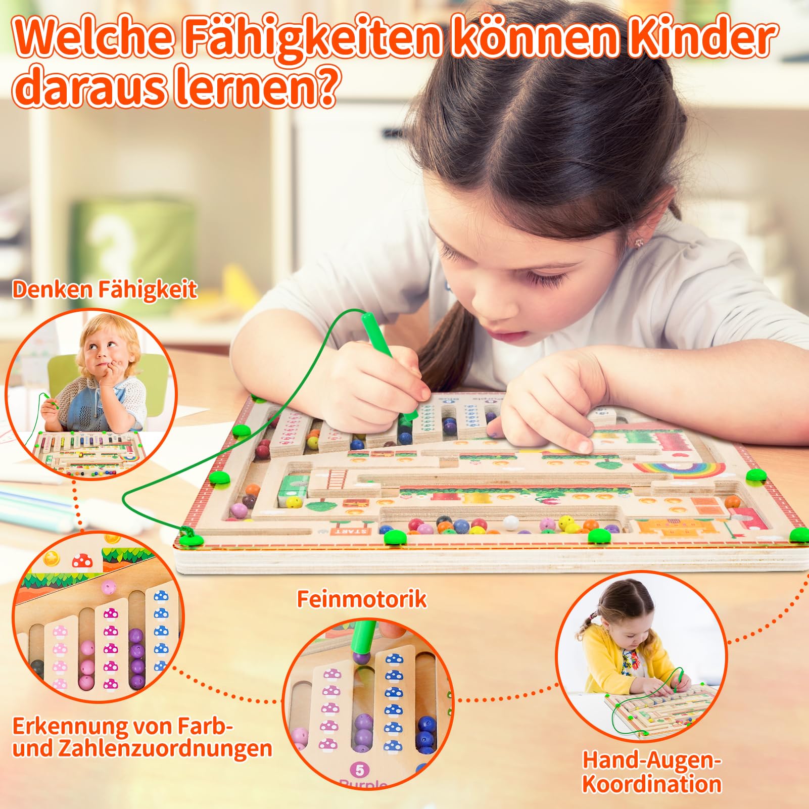 Montessori Magnetspiel Labyrinth für Kinder, Motorik Spielzeug mit Magneten ab 2–6 Jahren, Holzspielzeug Lernspiel für Jungen & Mädchen, Geschenkidee
