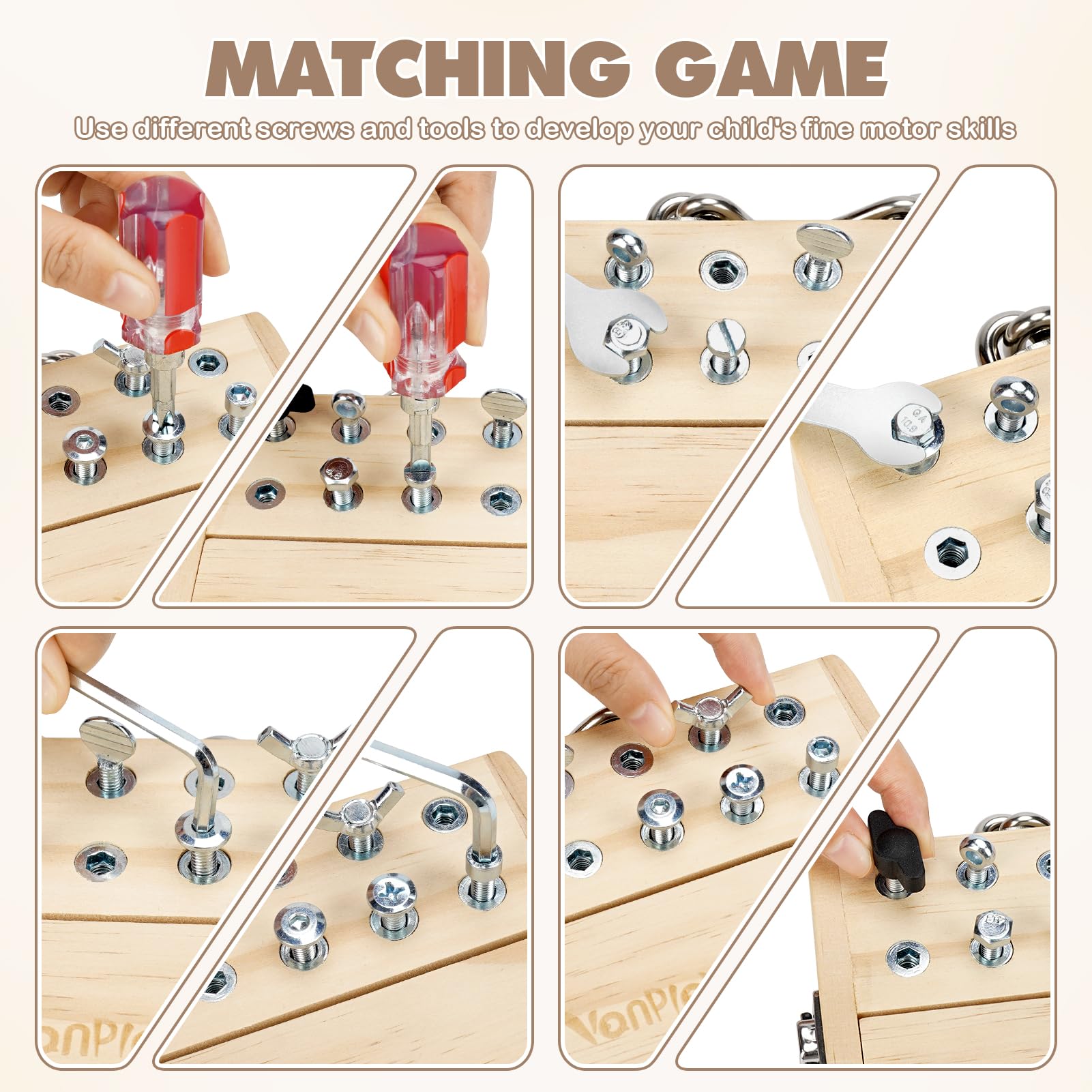 Vanplay Montessori Holzspielzeug Busy Board, Motorik Spiel ab 3–5 Jahren, Schraubenbrett mit Schlüssel & Schloss, Lernspielzeug Geschenk für Kinder