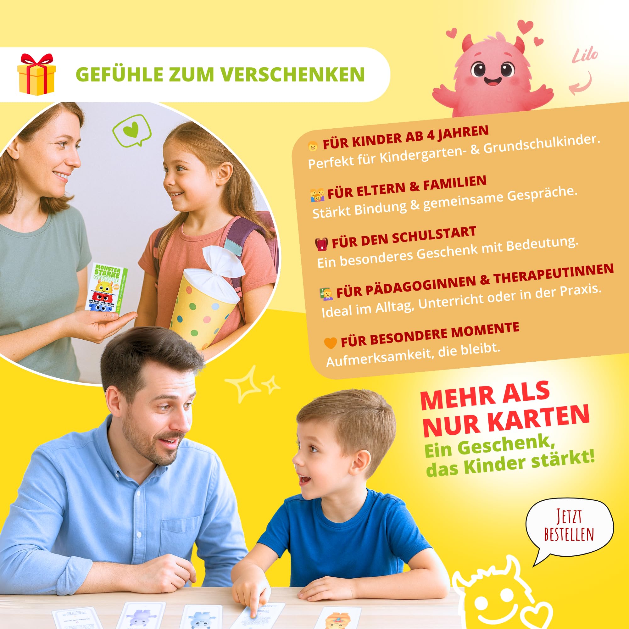 Gefühlsmonster Karten Set für Kinder, 30 emotionale Lernkarten ab 4 Jahren, Gefühle verstehen & ausdrücken, pädagogisches Spiel für Familie, Schule & Therapie