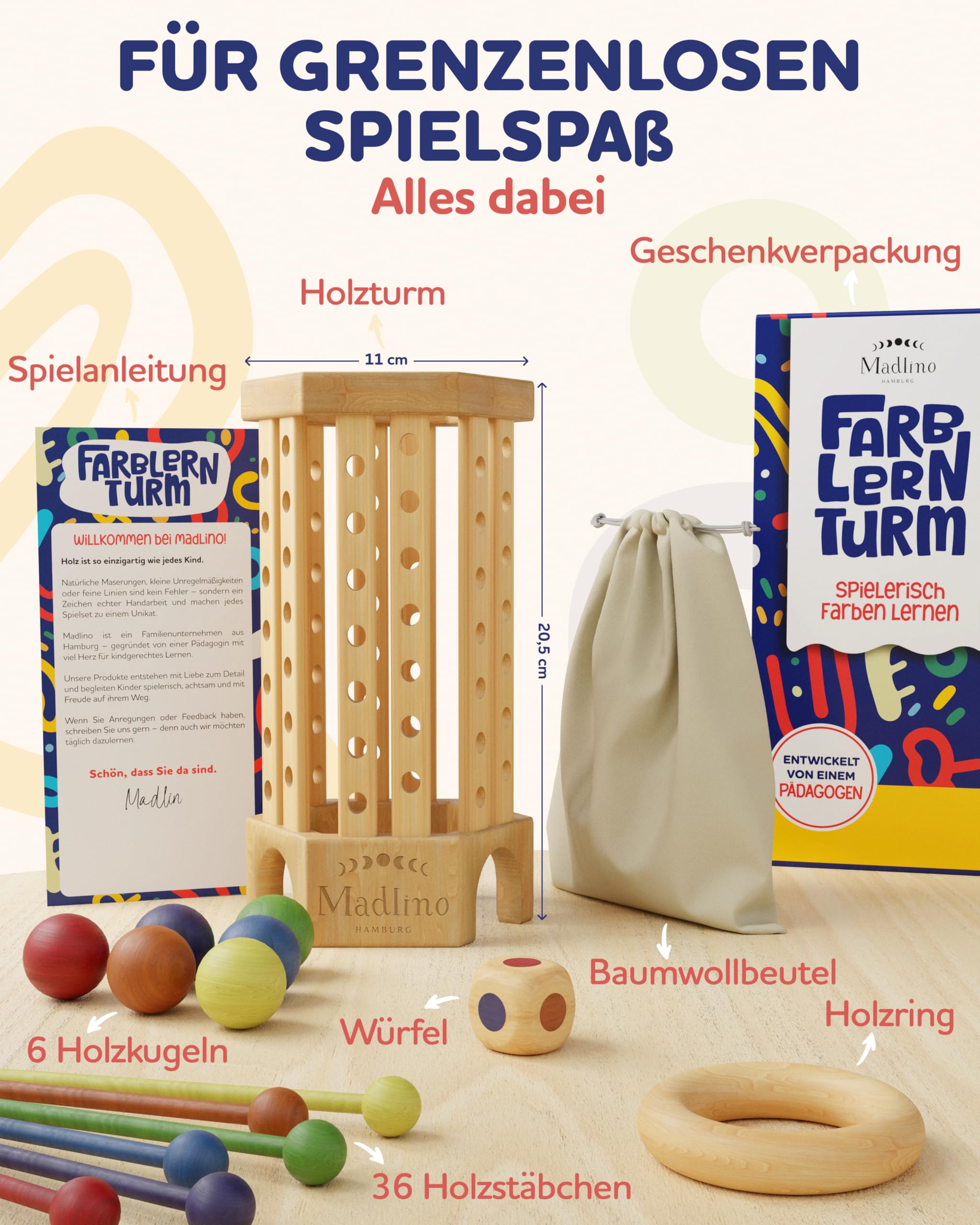 Madlino Farblern Turm Montessori Holzspielzeug, Motorik & Geschicklichkeit Spiel ab 3 Jahren, Farben lernen, pädagogisches Lernspiel für Kinder