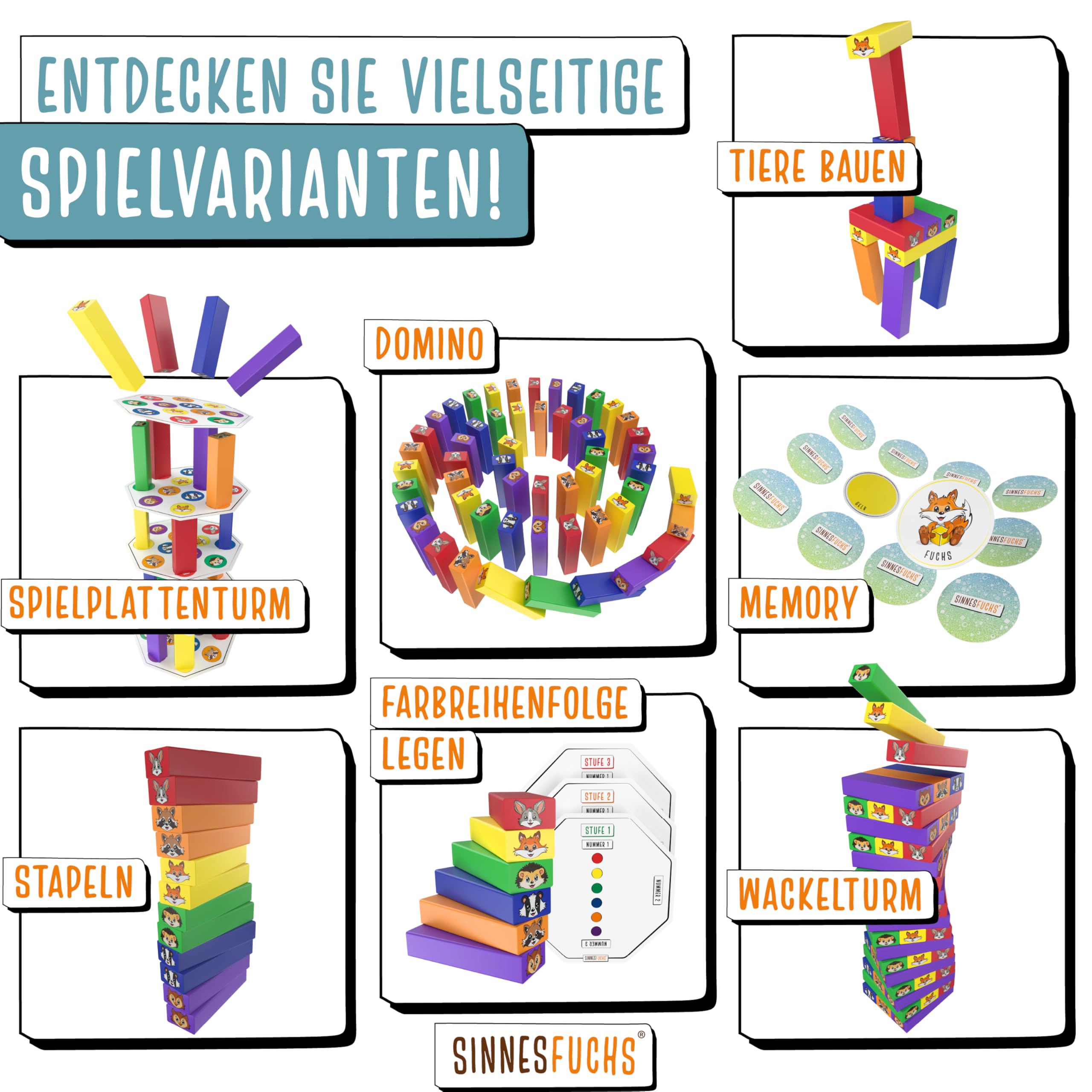 Wackelturm Holz FSC 100%, 7in1 Montessori Lernspielzeug ab 3 Jahren, Stapelspiel & Geschicklichkeitsspiel für Kinder, Geschenkidee Jungen & Mädchen