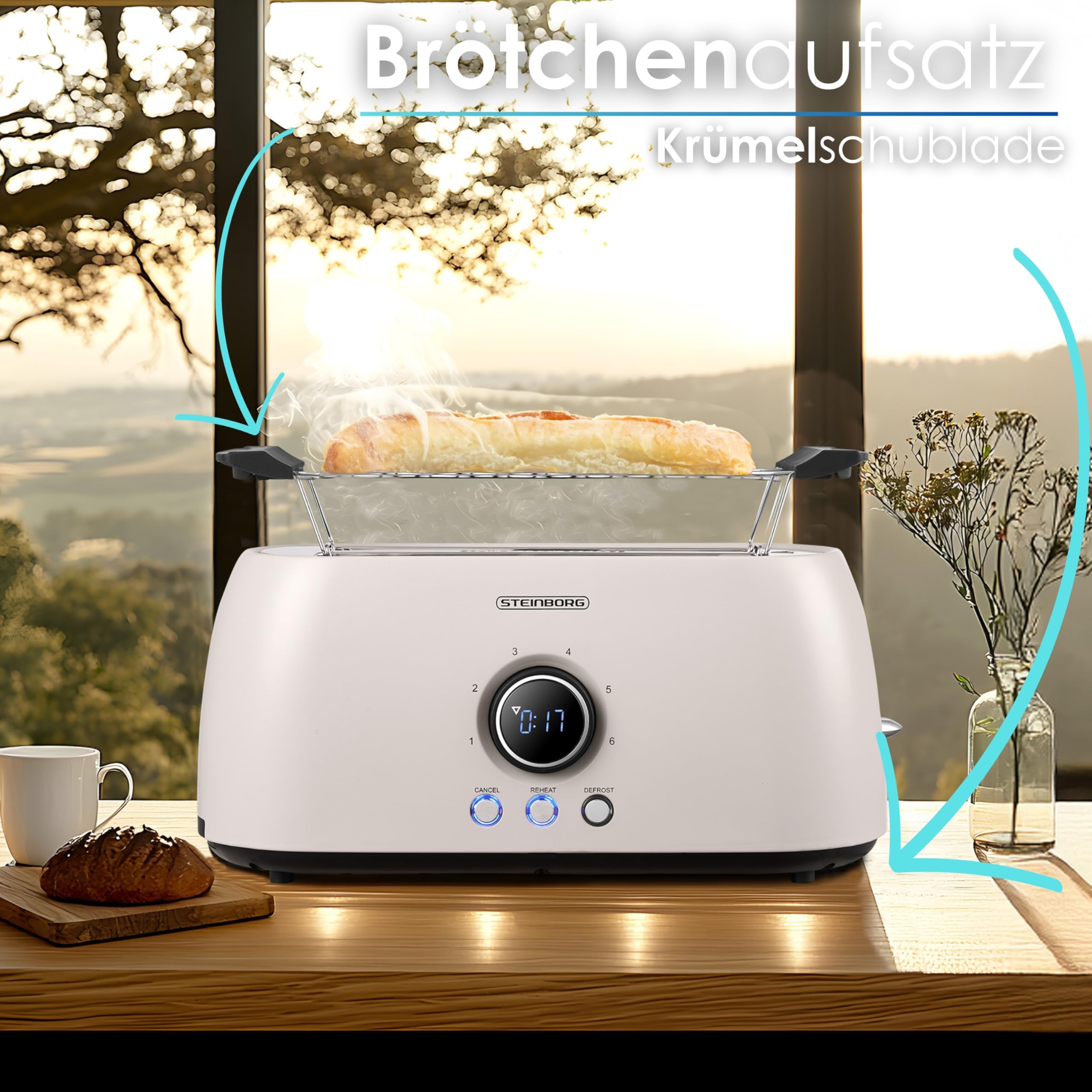 Steinborg Toaster 4 Scheiben mit Brötchenaufsatz Langschlitztoaster Toastautomat Automatische Abschaltung Doppelschlitztoaster Familientoaster Toastgerät LED Display mit Restzeitanzeige (Bulgur Beige)