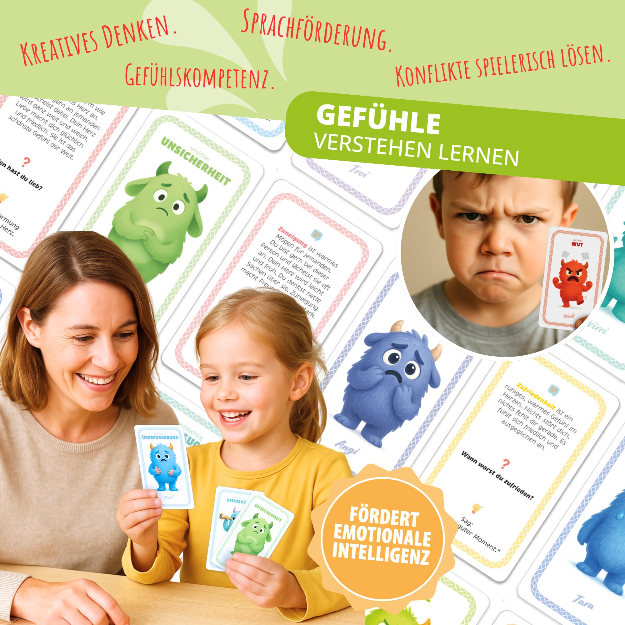 Gefühlsmonster Karten Set für Kinder, 30 emotionale Lernkarten ab 4 Jahren, Gefühle verstehen & ausdrücken, pädagogisches Spiel für Familie, Schule & Therapie