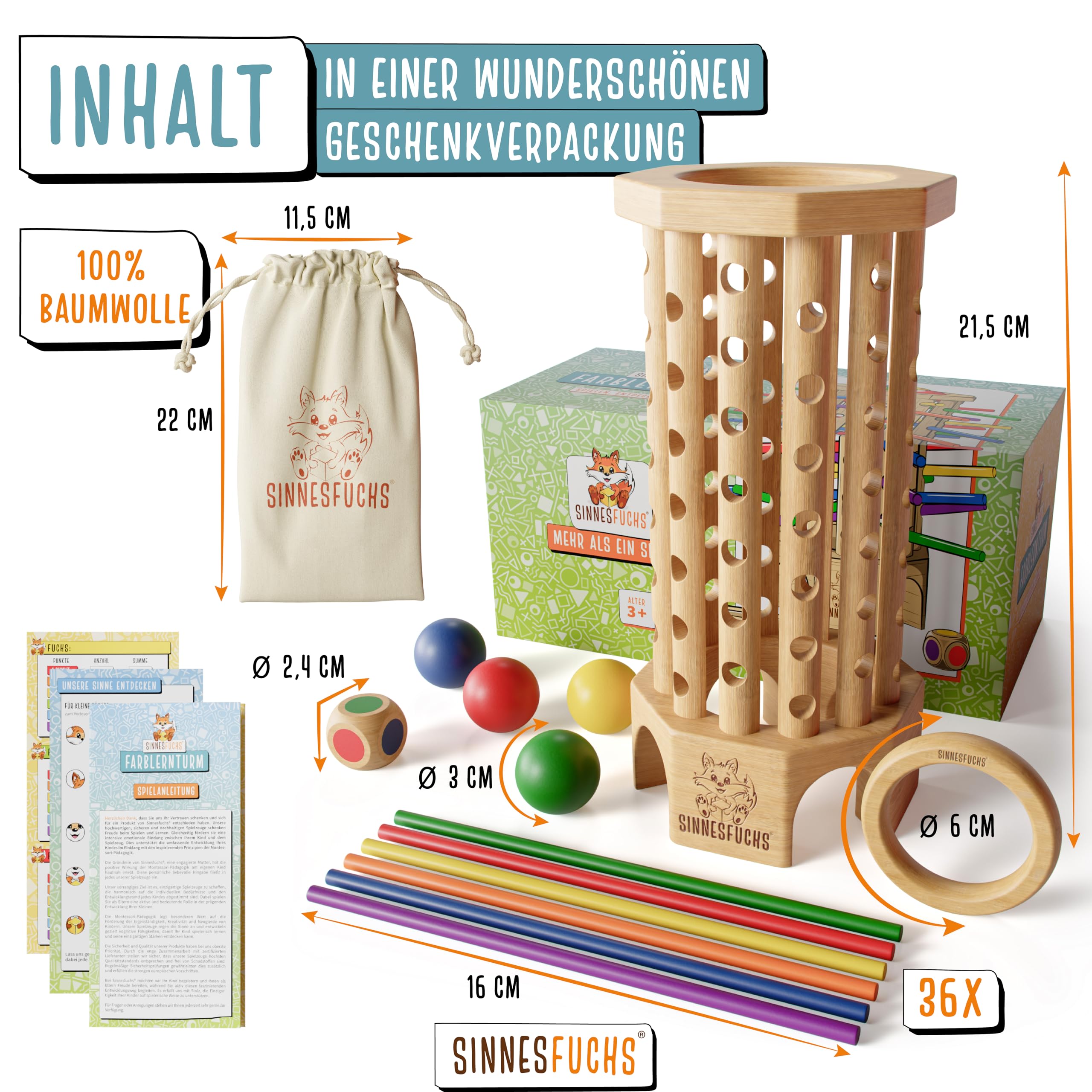 SINNESFUCHS Farblern Turm Montessori Holzspielzeug FSC 100%, Lernspiel ab 3 Jahren, Farben & Motorik fördern, pädagogisch wertvoll für Kinder