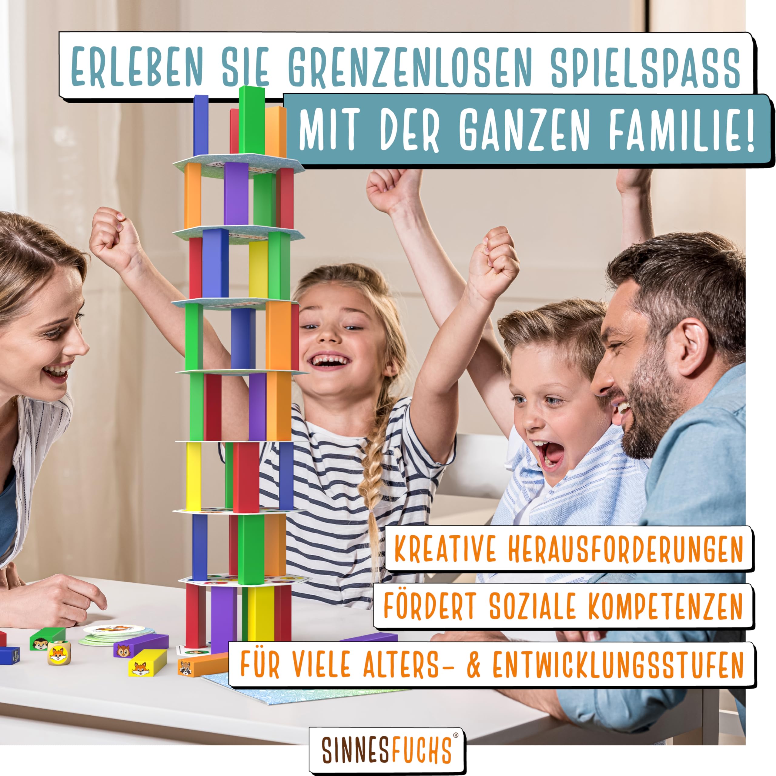 Wackelturm Holz FSC 100%, 7in1 Montessori Lernspielzeug ab 3 Jahren, Stapelspiel & Geschicklichkeitsspiel für Kinder, Geschenkidee Jungen & Mädchen
