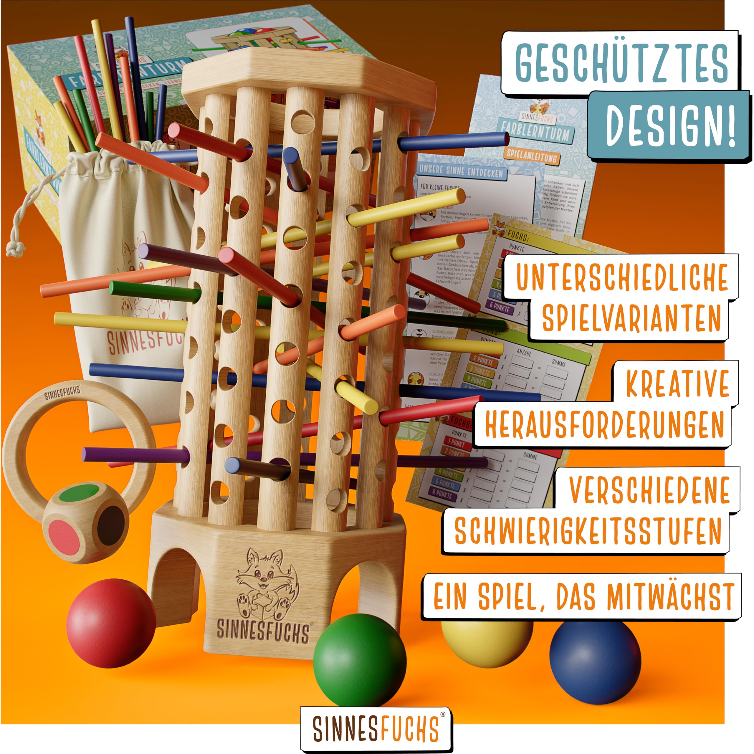 SINNESFUCHS Farblern Turm Montessori Holzspielzeug FSC 100%, Lernspiel ab 3 Jahren, Farben & Motorik fördern, pädagogisch wertvoll für Kinder