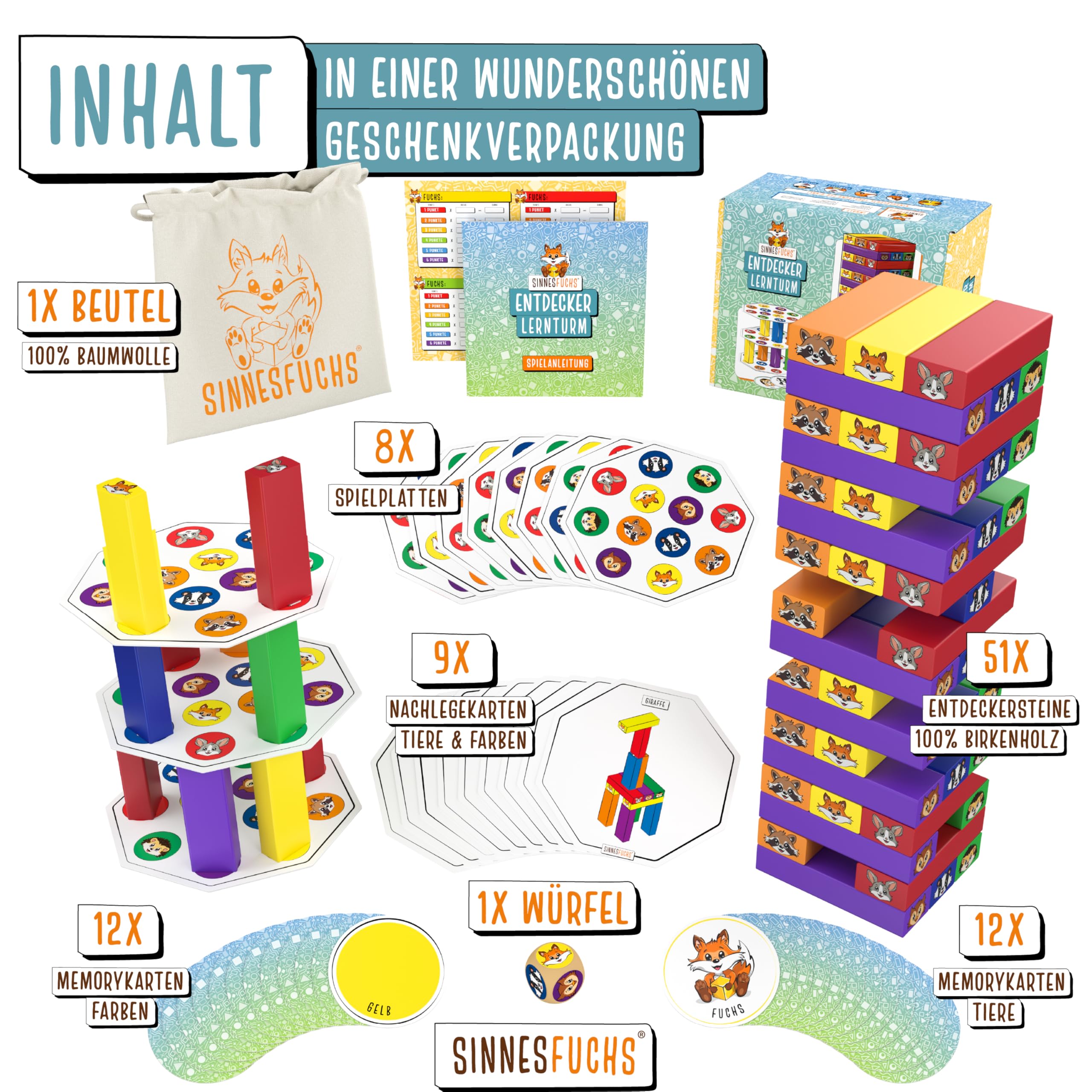 Wackelturm Holz FSC 100%, 7in1 Montessori Lernspielzeug ab 3 Jahren, Stapelspiel & Geschicklichkeitsspiel für Kinder, Geschenkidee Jungen & Mädchen